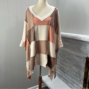 Oli & Hali Brown Tan Orange Exposed Seam Patchwork Boho Oversized Tunic M L